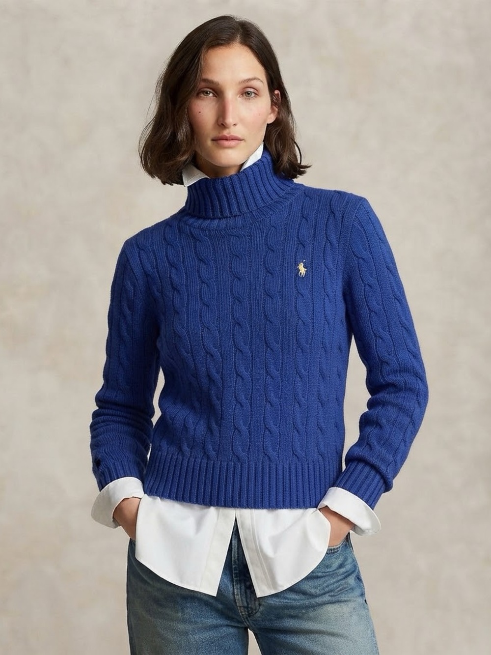 Ralph Lauren Blue Cable Knit Turtleneck Sweater w/ Yellow Pony